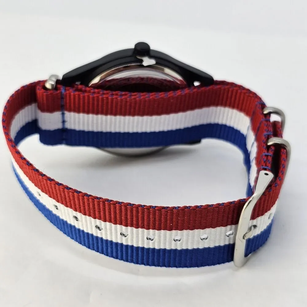 Field Men's Watch 42MM Black Dial Black Case Blue White Red Canvas Band‎ Strap